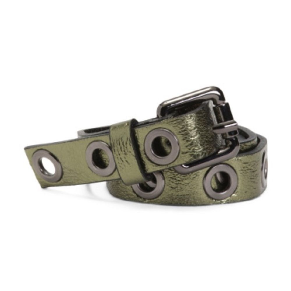 Marlon Vera Pelle Metallic Green Black Leather Belt Italy Sz 85 NWT